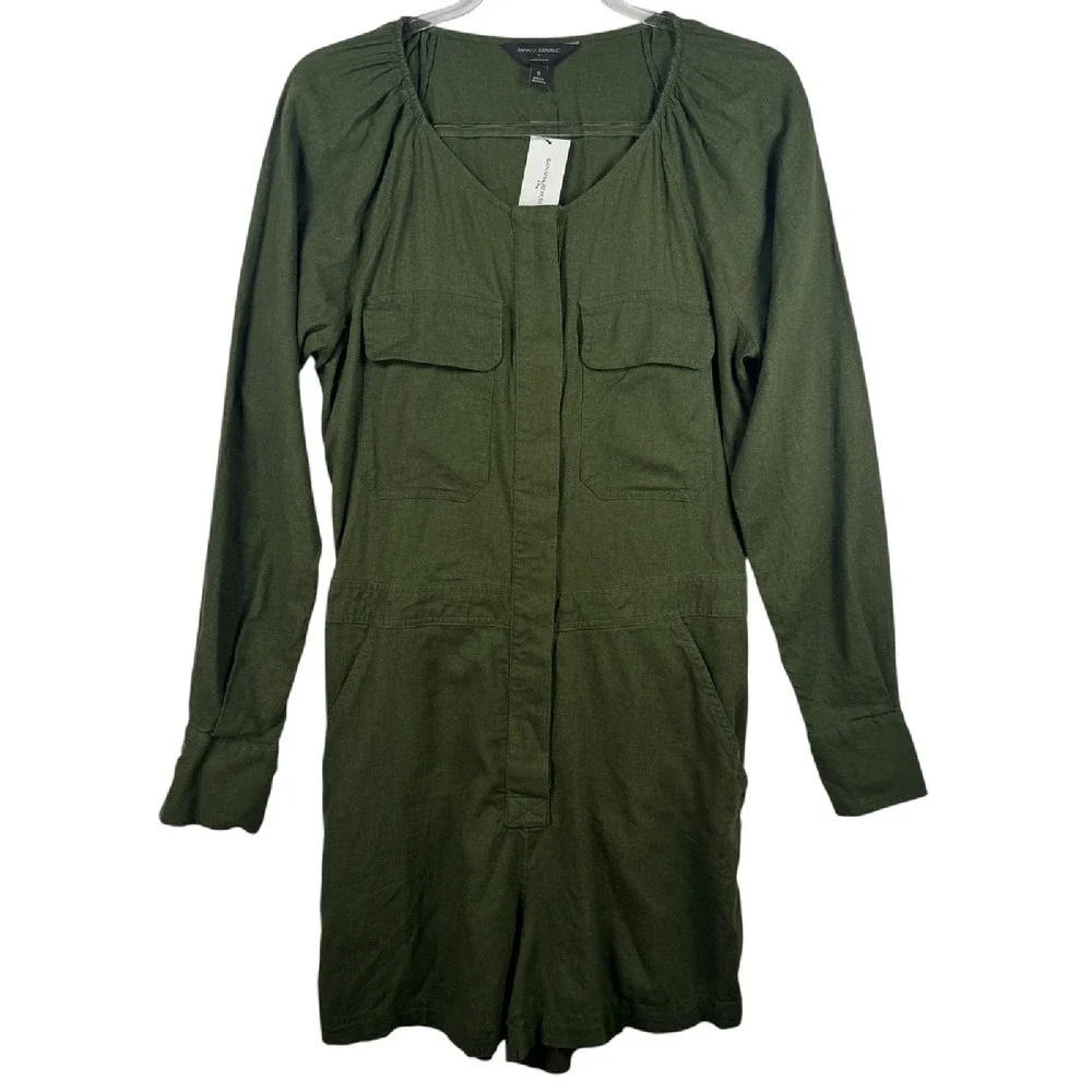 Banana Republic Linen Blend Utility Romper‎ Long Sleeve Army Olive Green Size S
